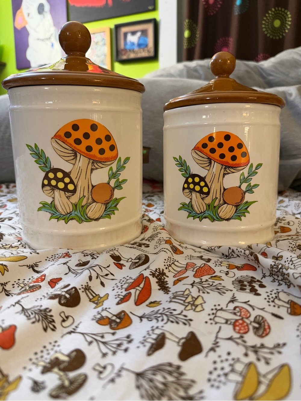 Retro Merry Mushroom Ceramic Canisters with Brown Lids
